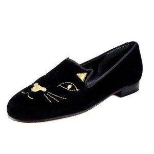 JON JOSEF Gatsby Black Velvet Gold Cat Flats 7.5